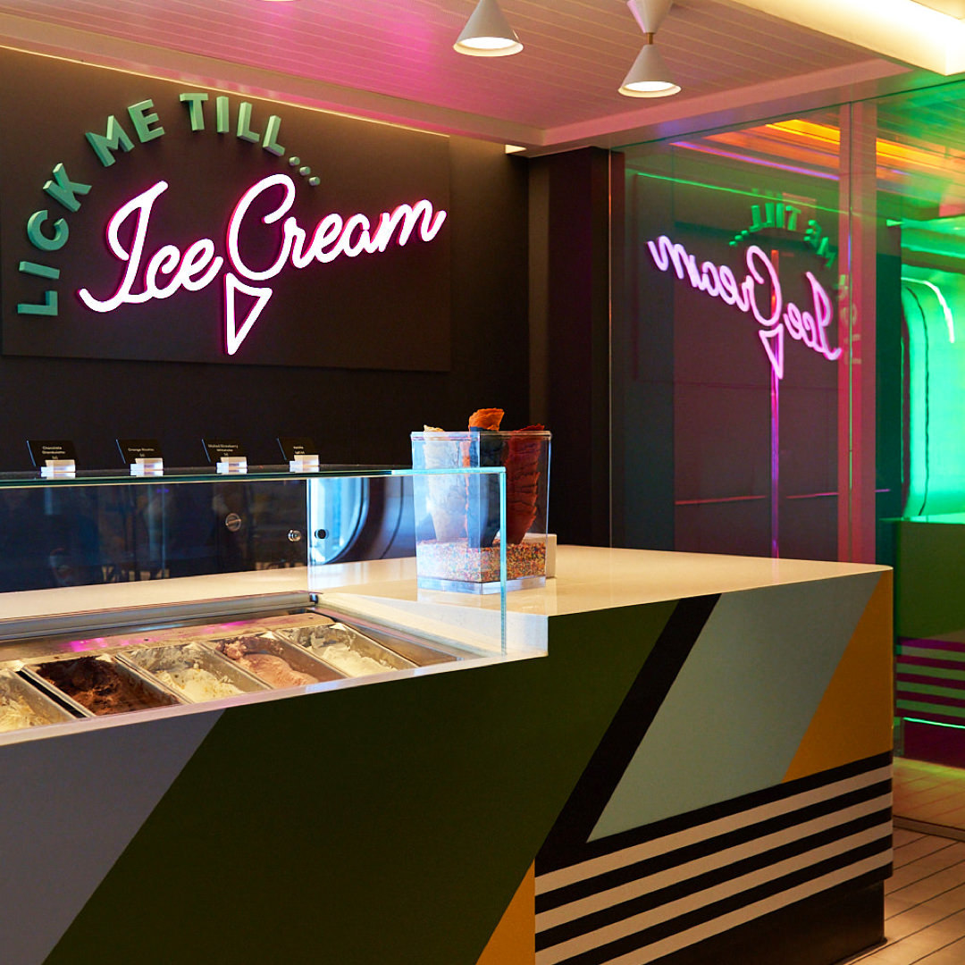 Our on board scoop shop, Lick Me Till... Ice Cream. Unique flavors of ice cream and cones are included and change daily.